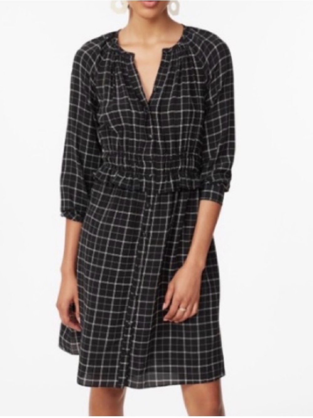Rebecca Taylor Black Windowpane Button-Front Midi Dress